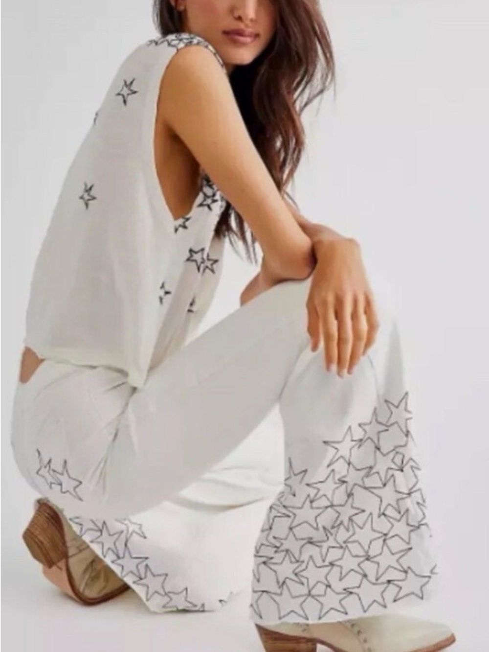 Free People Zandra Rhodes Just Float On Flare Jeans embroidered Stars White